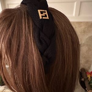 Fendi Black Braided Headband with Gold Logo